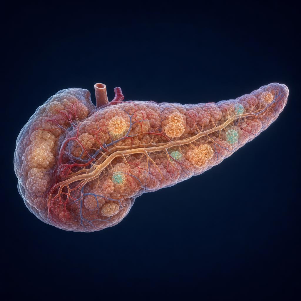 Pancreas illustration showing disease progression stage