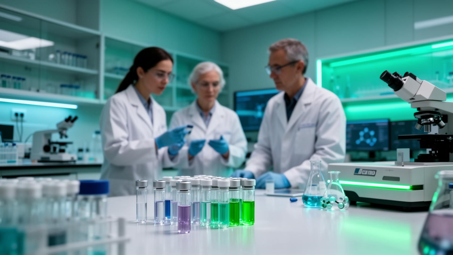 Scientists collaborating in a precision oncology research laboratory