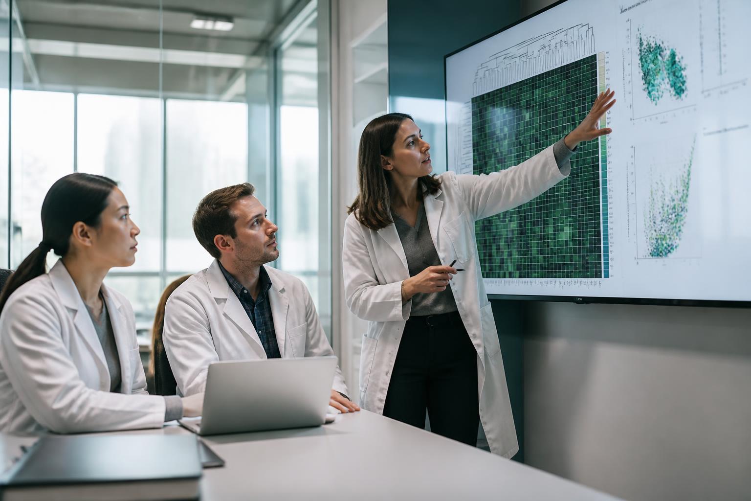 Diverse scientists and physicians collaborating around molecular data displays in a modern academic medical center.