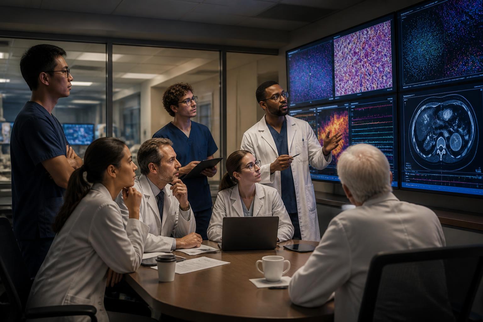 Physicians, clinical investigators, and academic researchers reviewing molecular data together.