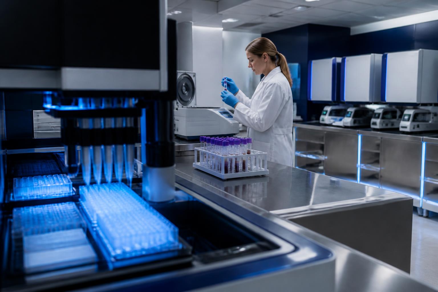 Advanced clinical molecular diagnostics laboratory with robotic liquid handlers and sequencing instruments.