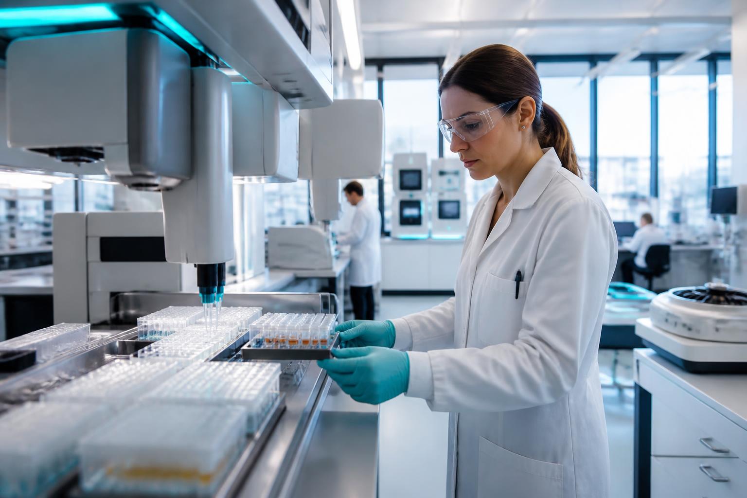 Scientists working with advanced molecular diagnostics equipment in a cutting-edge laboratory.
