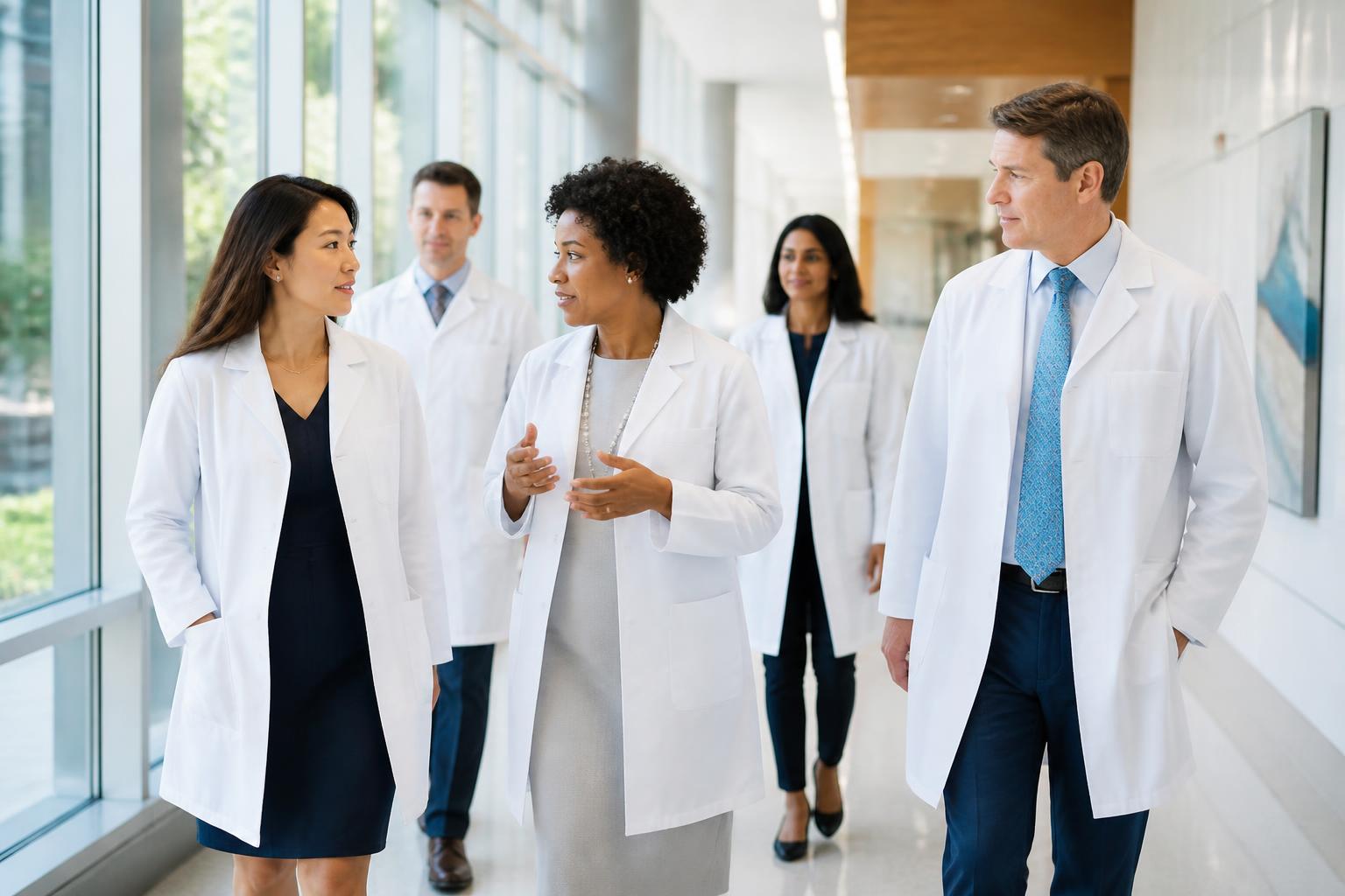 Physicians and clinical teams reviewing diagnostic data in a modern hospital environment.