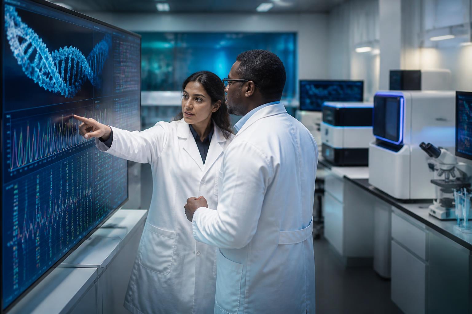 Scientists collaborating in a modern molecular biology research laboratory.