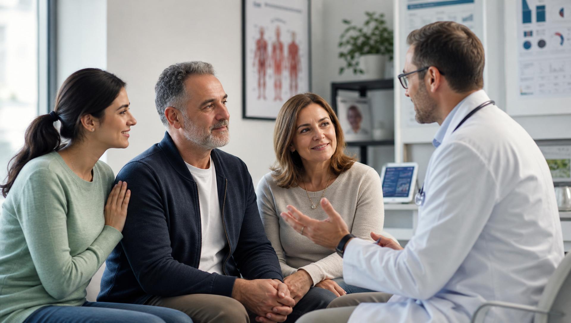 A patient with loved ones receiving reassuring medical consultation from a doctor in a modern clinic