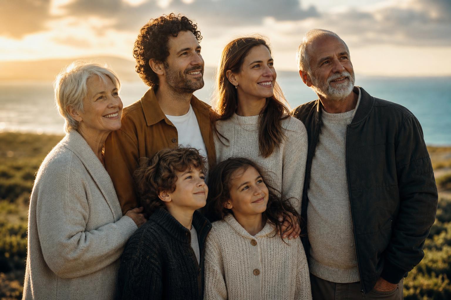A multi-generational family standing together outdoors at sunset, smiling with hope and resilience